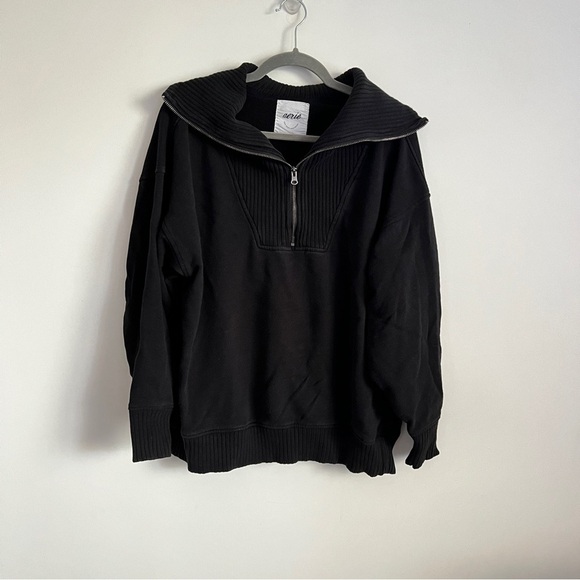 aerie Tops - Aerie Down to Earth Soft Black Cotton Ribbed Quarter Zip Pullover Sweatshirt M